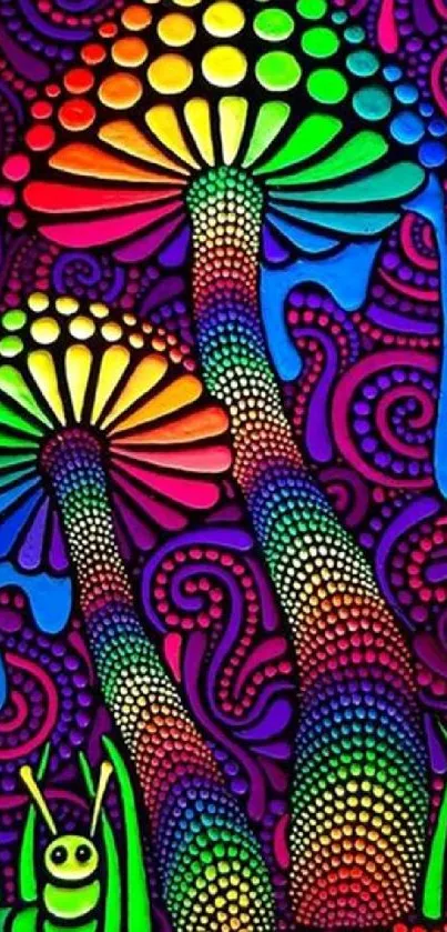 Vibrant rainbow mushroom wallpaper with psychedelic art and neon colors.