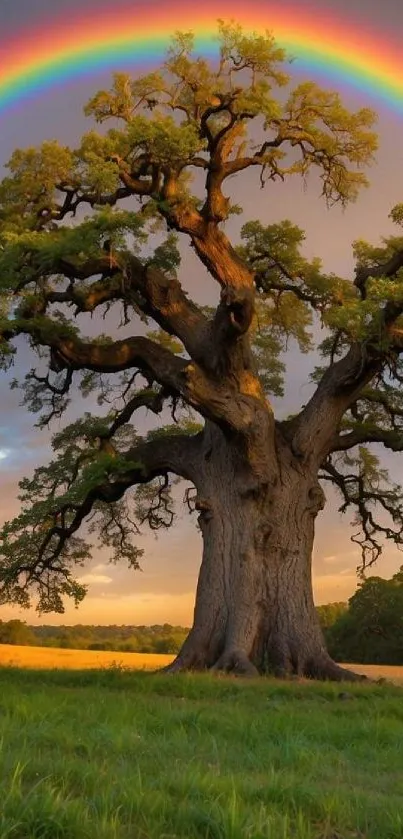 Majestic oak tree under a vibrant rainbow in a serene meadow landscape.