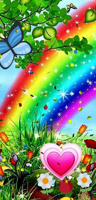 Vibrant nature wallpaper with rainbow and butterflies on mobile.