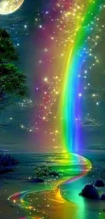 Colorful rainbow nightscape under the moon.