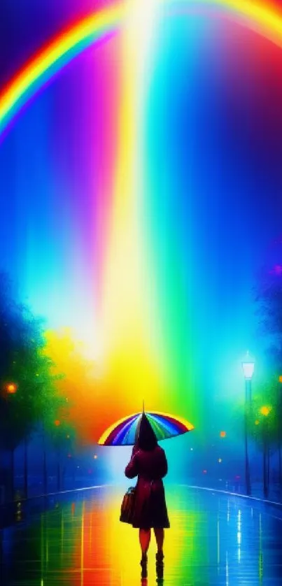 Silhouetted figure with rainbow umbrella under a vibrant rainbow at night.