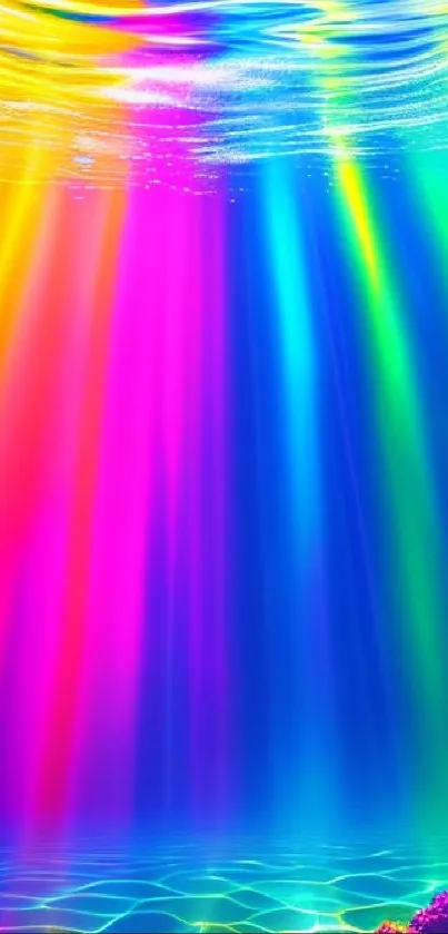 Vibrant rainbow ocean wallpaper with light beams and colorful spectrum.