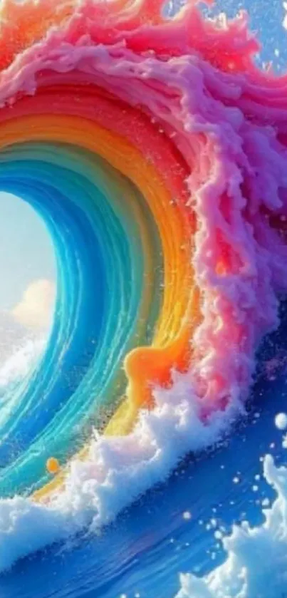 Colorful, artistic rainbow wave crashing in the ocean, vibrant and abstract.