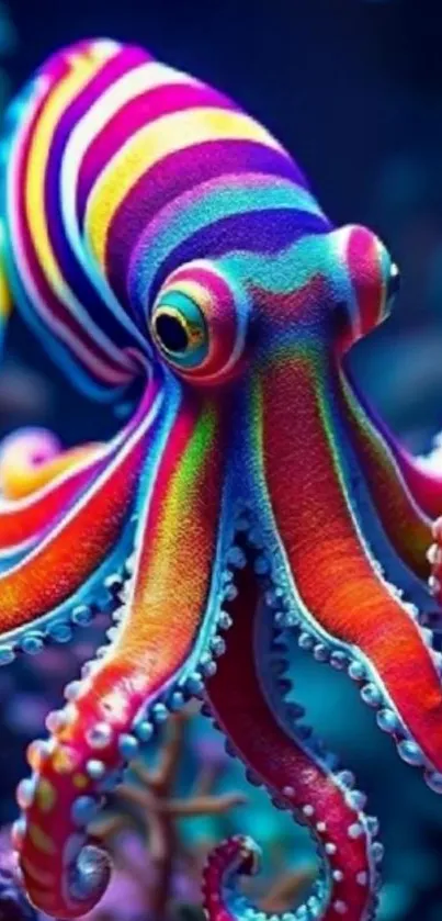 Colorful rainbow octopus with vibrant stripes in an underwater setting.