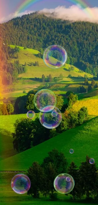 Rainbow arches over lush green hills in a serene landscape.