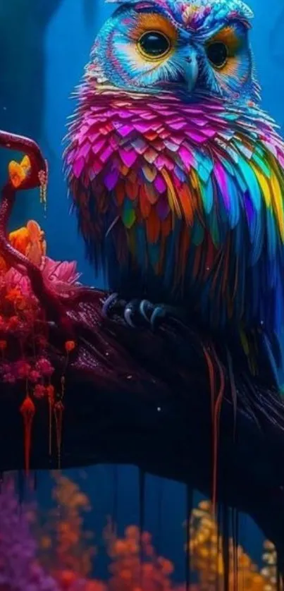 Vibrant rainbow owl on tree branch, colorful and artistic.