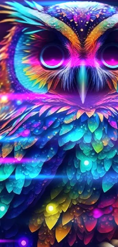 Vibrant rainbow-colored owl digital art wallpaper.