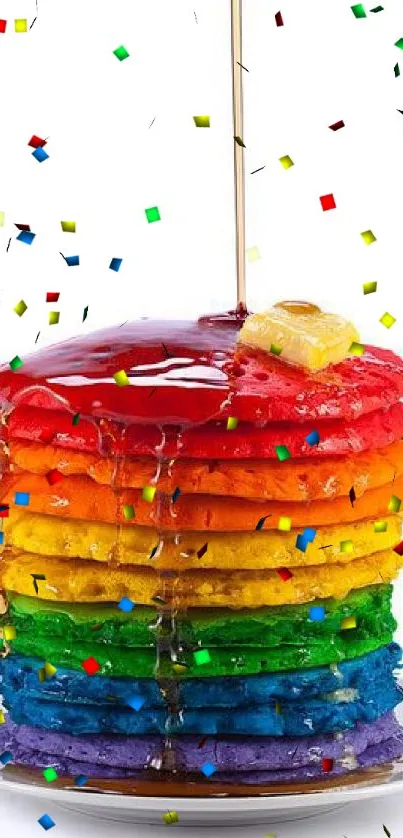 Colorful stack of rainbow pancakes with syrup.