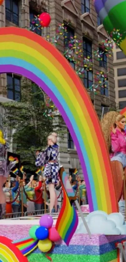 Colorful parade with rainbow float in a lively city scene.