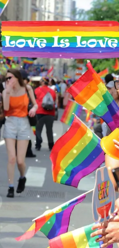 Vibrant rainbow parade with flags and people celebrating love.