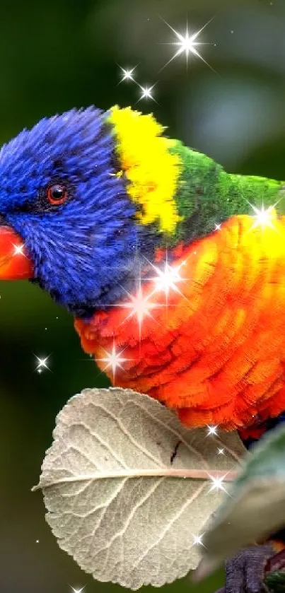 Rainbow parrot perched on leafy branch with vibrant colors.