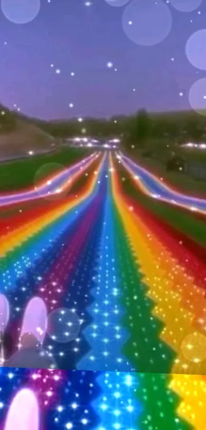 Vibrant rainbow path under a sparkling night sky.