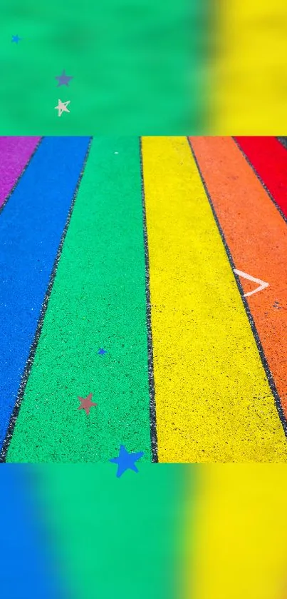 Vibrant rainbow path with colorful stripes and stars.