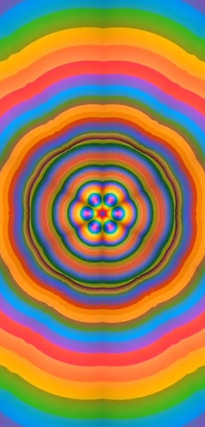 Psychedelic rainbow circle pattern wallpaper with vibrant colors.