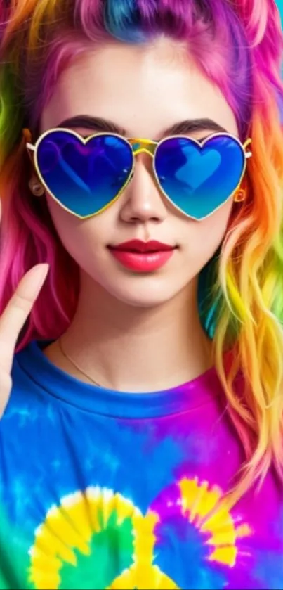 Vibrant rainbow-themed wallpaper with heart sunglasses and peace sign.