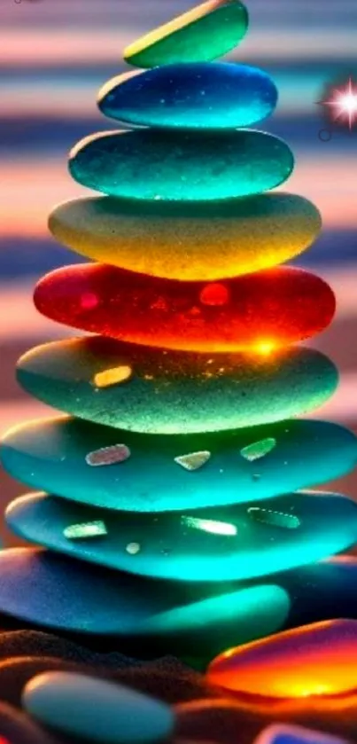 Vibrant stack of colorful pebbles on beach.