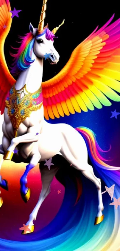 Vibrant rainbow Pegasus with colorful wings and flowing mane.