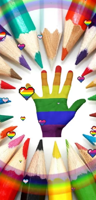 Colorful mobile wallpaper with rainbow pencils and hand design.