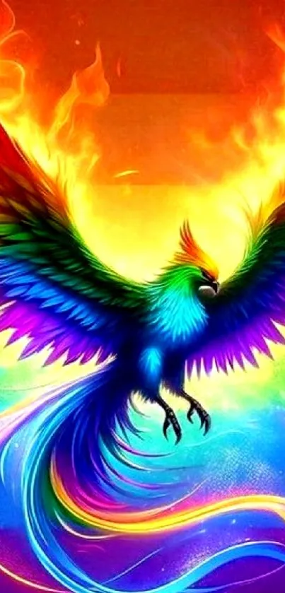 Vibrant phoenix with fiery wings flying against a colorful backdrop.