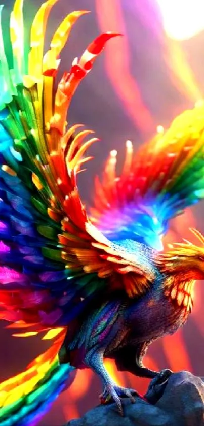 Vivid rainbow phoenix with colorful wings on a rock.