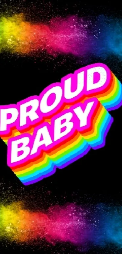 Vibrant rainbow wallpaper with 'Proud Baby' text and galaxy design.