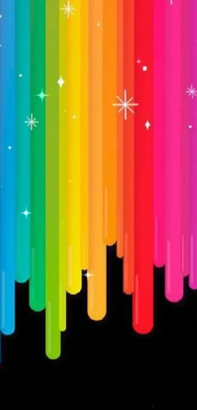 Rainbow wallpaper with colorful stripes and sparkles on a dark background.