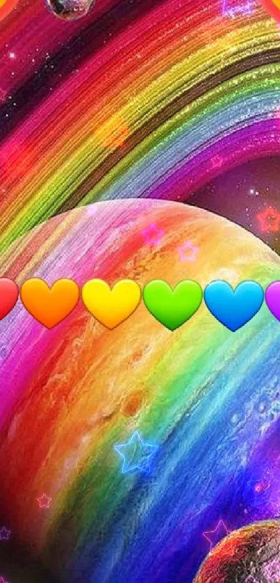 Vibrant rainbow planet with hearts in space.