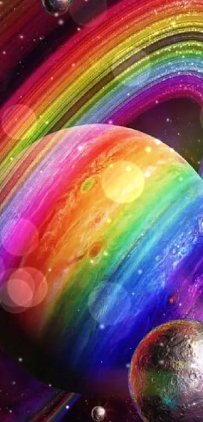 Colorful rainbow planet with cosmic rings and galaxy background.