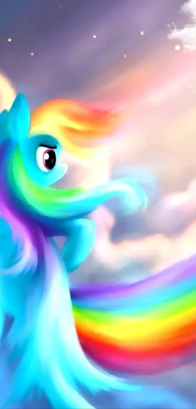 A colorful pony with a rainbow mane flying in a pastel sky, perfect for mobile wallpaper.