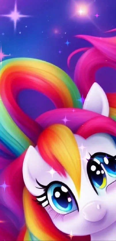 Vibrant rainbow pony with a colorful galaxy background.