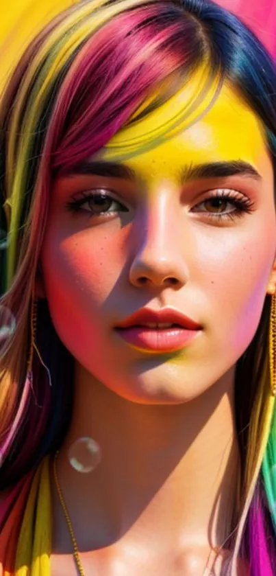 Vibrant portrait with rainbow colors and bubbles.