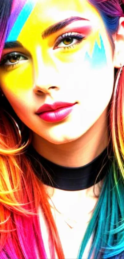 Vibrant rainbow portrait with colorful artistic design for mobile wallpaper.