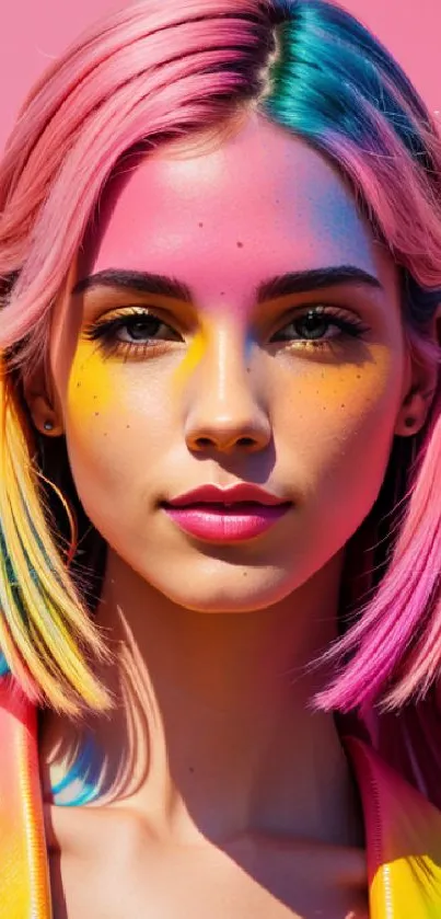 Vibrant rainbow portrait with colorful hair and makeup.