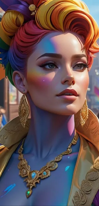 Colorful rainbow-themed portrait of an artistic character.
