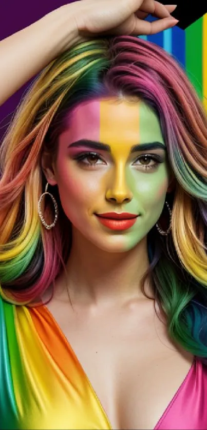 Vibrant rainbow-themed portrait with colorful hair and makeup.