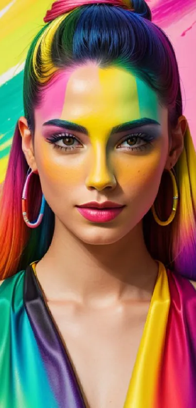 Vibrant portrait with rainbow colored hair and bold makeup.