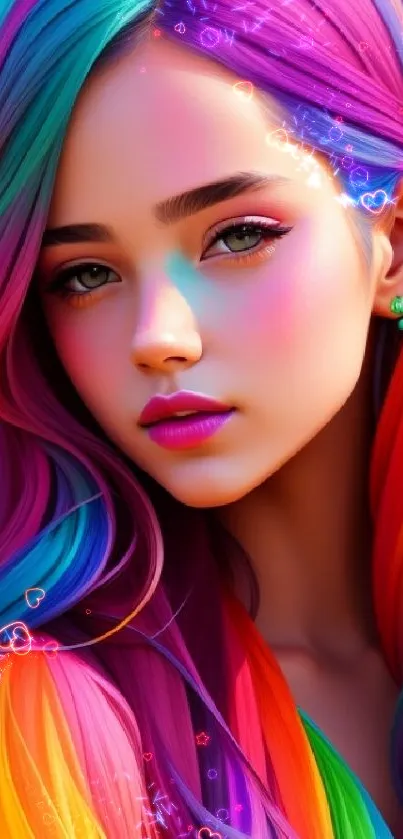 Colorful portrait with rainbow hair highlights in a vibrant style.