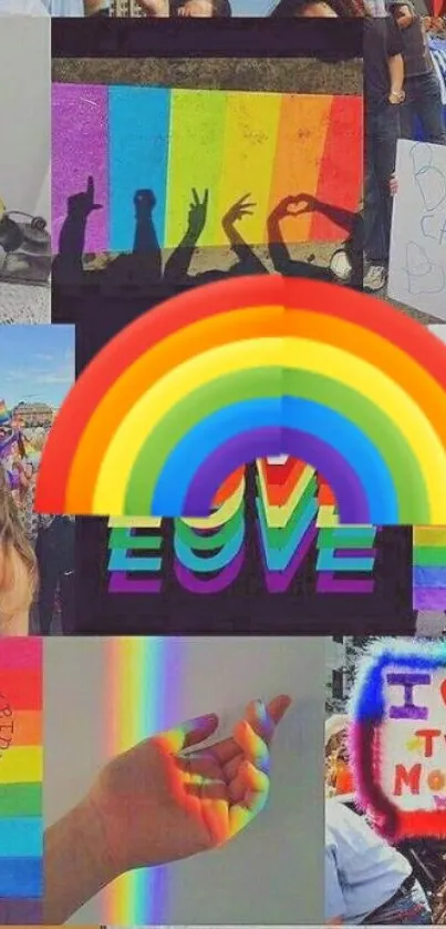 Vibrant rainbow-themed Pride collage mobile wallpaper.