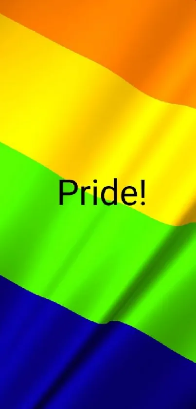 Vibrant rainbow flag with bold stripes and the word 'Pride!' in the center.