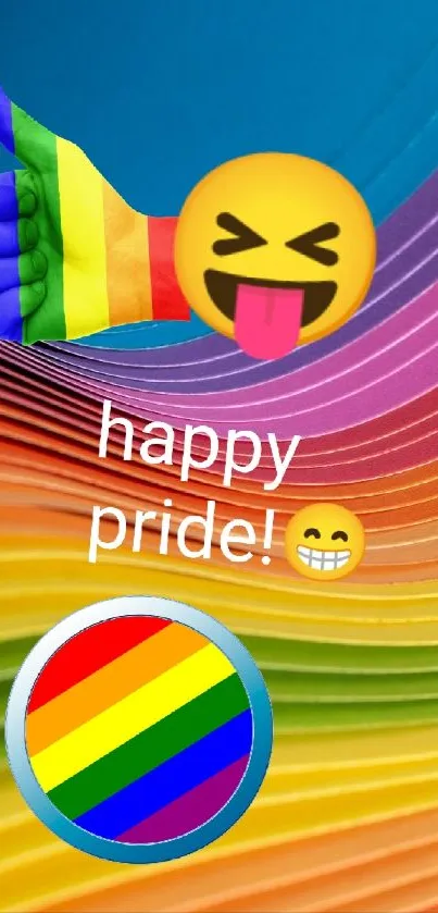 Vibrant rainbow pride wallpaper with emojis and text celebrating diversity.