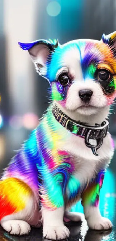 Vibrant rainbow-colored puppy in cityscape wallpaper.