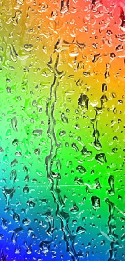 Vibrant rainbow gradient wallpaper with raindrops effect for phone screen.