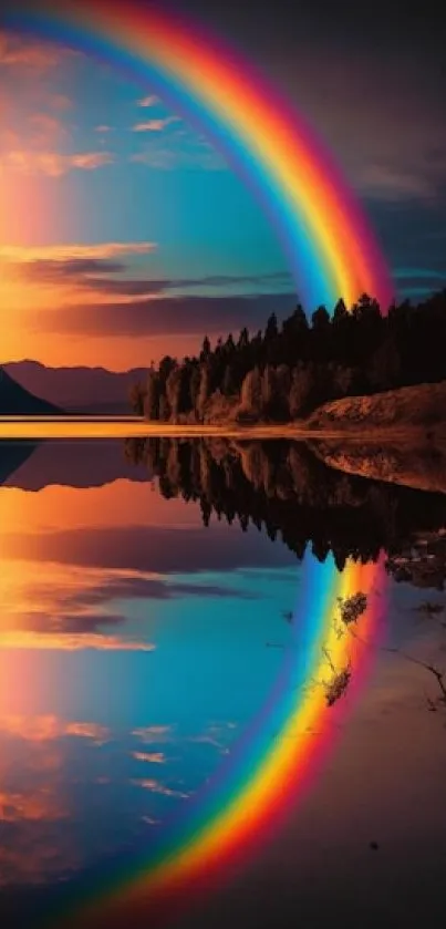 Vibrant rainbow over lake at sunset with reflection.