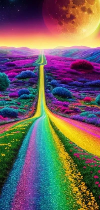 Vibrant rainbow road with colorful flowers and a glowing moon in the night sky.