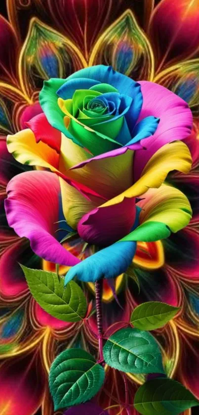 Vibrant rainbow rose with neon patterns mobile wallpaper.