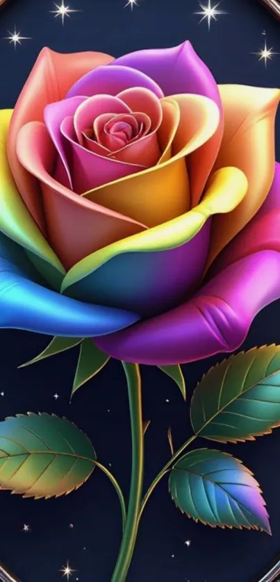 Vibrant rainbow rose with starry night backdrop.