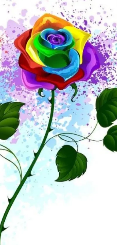 Colorful rainbow rose with green leaves wallpaper.