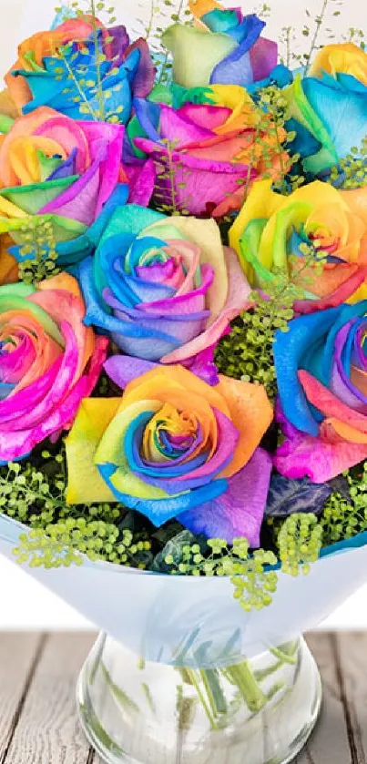 Vibrant bouquet of rainbow roses in a glass vase on a wooden table.