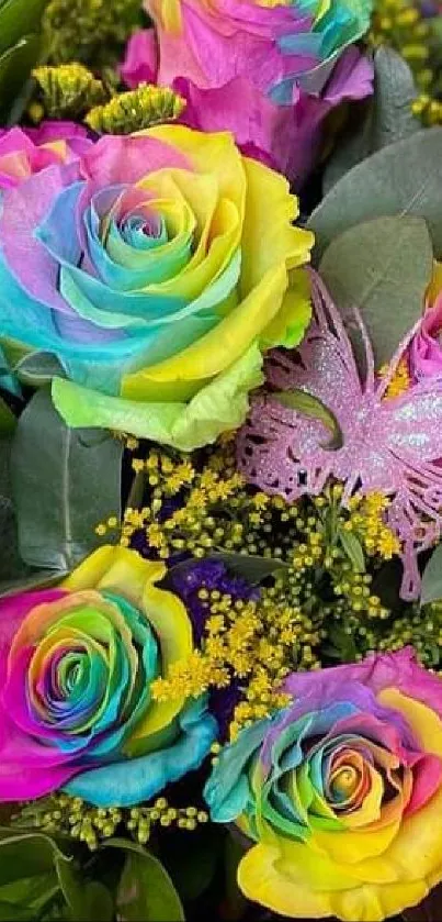 Bright bouquet of rainbow-colored roses with leafy greens.