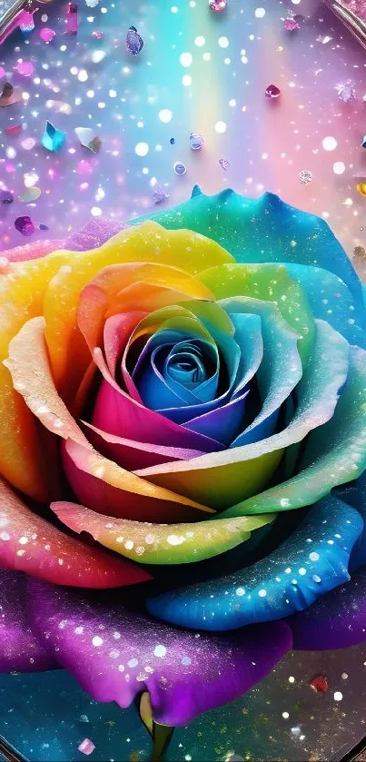 Vibrant digital art of a rainbow rose surrounded by colorful sparkles.